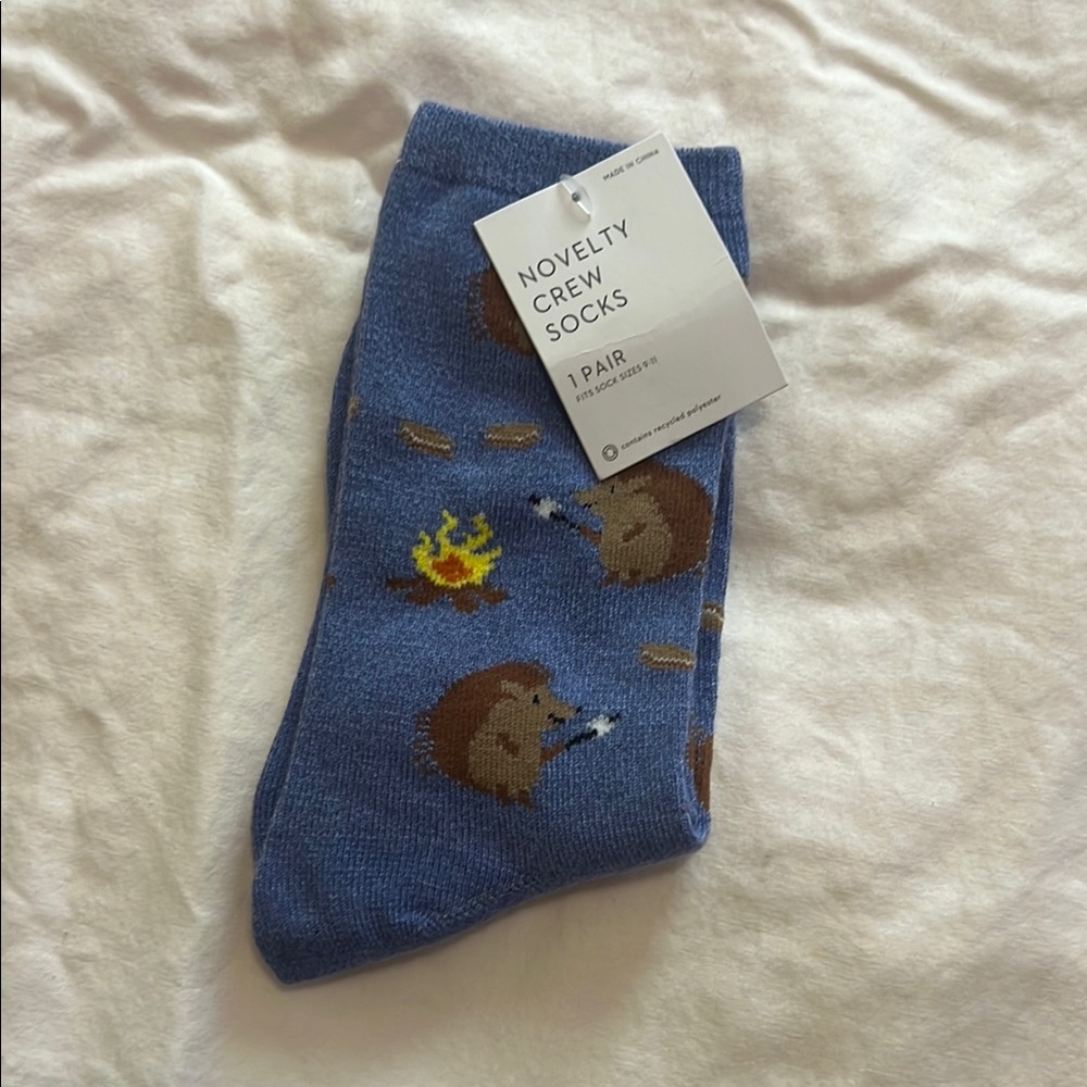 Blue Novelty Crew Socks with Campfire Design